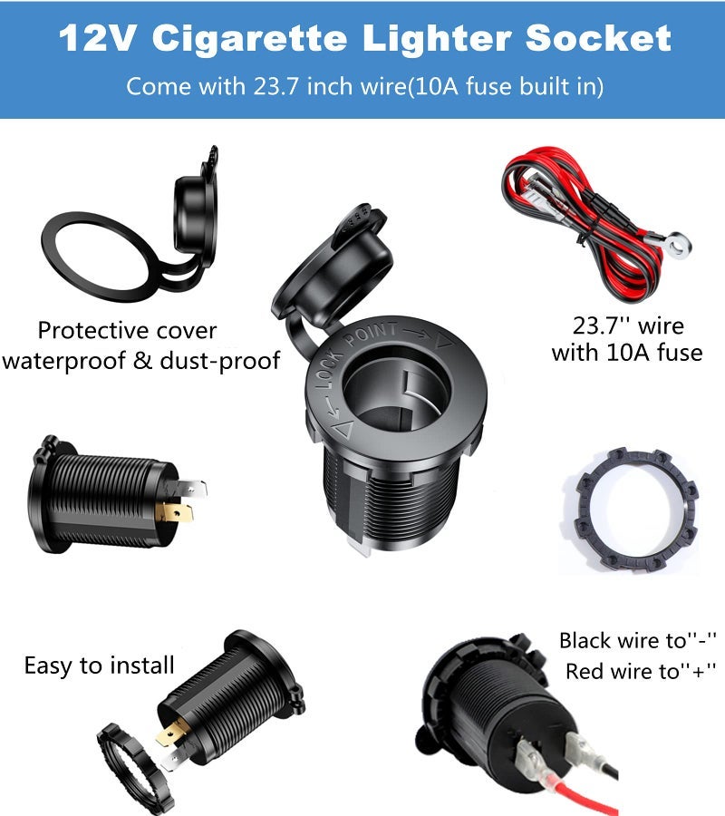 KEWIG 12V Cigarette Lighter Socket, Waterproof Cigarette Lighter Socket Replacement DIY Kit for Car Boat Marine Motorcycle ATV RV Truck Golf Cart and More, 2 Pack - Image 1